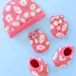 Babyhug 100% Cotton Cap Mittens & Booties Floral Printed Pink - Diameter 12 cm-image-42