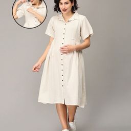 The Mom Store Half Sleeves Solid Button Down Collared Maternity Dress With Concealed Zipper Nursing Access - Off White-image-1