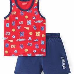Babyhug 100% Cotton Knit Sleeveless Sando & Shorts Set Number Print -Navy Blue & Red-image-27