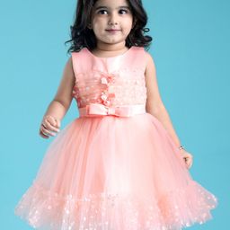 Mark & Mia Sleeveless Knee Length Partywear Frock with Floral Applique & Bow  - Peach-image-25