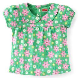 Babyhug Cotton Knit Half Sleeves Peter Pan Collar Top With Floral Print - Green-image-68