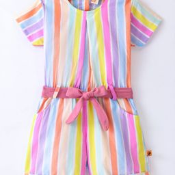 Dew Drops Woven Half Sleeves Striped Jumpsuit - Lemon-image-79