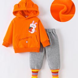 Kookie Kids Full Sleeves Hooded Winter Wear Suit With Bunny & Strawberry Applique - Orange-image-42