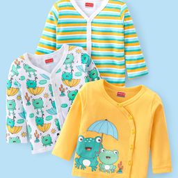 Babyhug 100% Cotton Knit Full Sleeves Front Open Vests with Striped & Frog Print Pack of 3 - Yellow White & Green-image-91