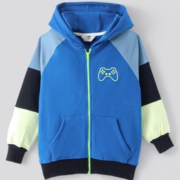 Primo Gino 100% Cotton French Terry Knit Full Raglan Sleeves Hooded Sweatjacket with Cut & Sew Design & Game Print - Blue-image-65