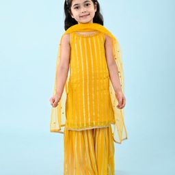 Babyhug Woven Sleeveless Georgette Gotta Patti Embroidered Kurti Gharara & Dupatta Set - Yellow-image-2