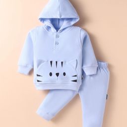Child World Fleece Knit Winter WearFull Sleeves Hooded T-Shirt & Lounge Pant with Tiger Print & Applique - Light Blue-image-74