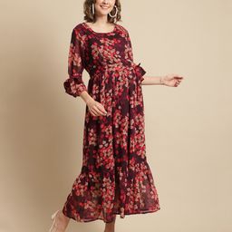Moms Maternity Three Fourth Sleeves Floral Printed Maternity Dress With Concealed Zipper Nursing Access - Purple-image-69