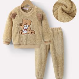 Kookie Kids Full Sleeves Winter Wear Suit With Teddy Applique - Beige-image-125