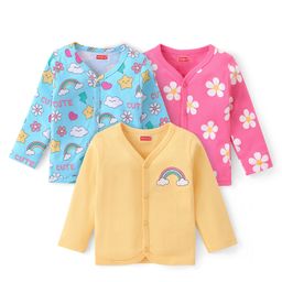 Babyhug 100% Interlock Cotton Knit Full Sleeves Front Open Antibacterial Vests with Rainbow & Floral Print Pack of 3 - Yellow Pink & Blue-image-97