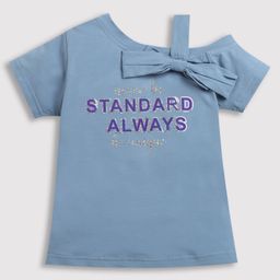 Tiny Girl Cotton One Shoulder Text Prinnted Top  - Teal Blue-image-91