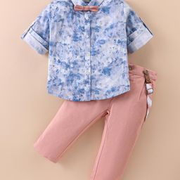 ToffyHouse 100% Cotton Woven Full Sleeves Printed Shirt & Trouser Set with Bow & Suspender - Blue & Peach-picture-25