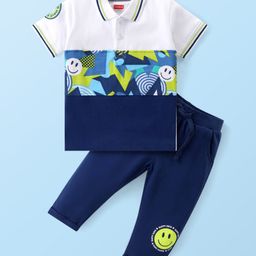 Babyhug Single Jersey Knit Half Sleeves Cut and Sew Polo T-Shirt with Lounge Pants with Smiley Print - White & Navy Blue-image-94