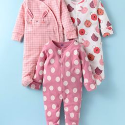 Simply Interlock Knit Full Sleeves Sleep Suits With Animal Print & Applique Pack of 3 - Pink & White-image-39