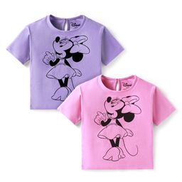 Babyhug Disney Single Jersey Knit Half Sleeves Drop Shoulder Oversized T-Shirt with Front & Back Minnie Mouse Graphics Pack of 2 - Pink & Purple-image-58
