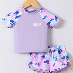 Mark & Mia Half Raglan Sleeves Two Piece Swimsuit with Text Print - Purple-image-73