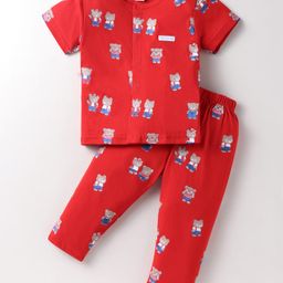 ToffyHouse Cotton Knit Half Sleeves Co-Ord Night Suit with Animal Print - Red-image-88