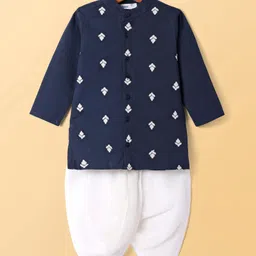 Babyoye 100% Cotton Woven Full Sleeves Kurta Dhoti Set With Floral Embroidery - Navy Blue-picture-49