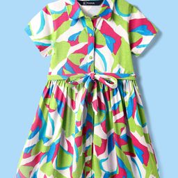 Pine Kids Cotton Knit Half Sleeves Collared Shirt Dress with Abstract Print - White & Green-image-69