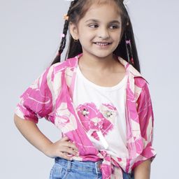 MASTARANG Half Sleeves Abstract Printed Floral Applique Detailed Top With Attached Tee - Hot Pink-42