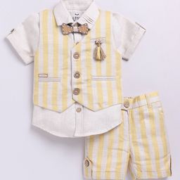 LITTLE COLLARS Cotton Blend Half Sleeves Solid Shirt & Striped Shorts With Waistcoat & Bow Set - Yellow-image-42