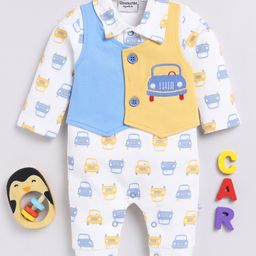 Wonderchild Full Sleeves Vehicles Printed Romper With Attached Waistcoat - Dull White-picture-13