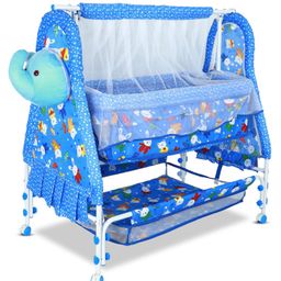 BUBBLEBABY Premium Baby Elephant Cradle With Mosquito Net All 360 Rotating Wheels With Wheel Lock Storage Basket - Blue-21