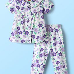 Babyhug Cotton Knit Front Open Half Sleeves Co-ords Night Suit With Floral Print - Blue-image-9