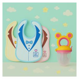 KIDS BASIC Premium Silicone Fruit Mickey Nibbler & 3 Snap Button Tie Printed Bibs - Pink & Multicolor (Pack of 4)-12