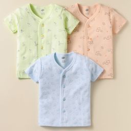 Zero Interlock Knit Half Sleeves Front Open Vests with Animal Print Pack of 3 - Light Blue Peach & Limegreen-picture-16