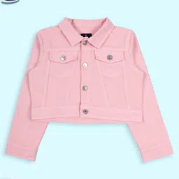 Kiddopanti Denim Woven Full Sleeves Solid Crop Jacket - Pink-picture-34