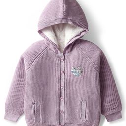 Babyhug Knit Full Raglan Sleeves Hooded Front Open Sweater with Sequin Detailing - Lavender-image-99