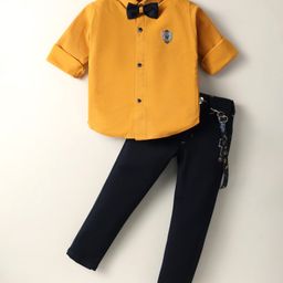 Radutu Full Sleeves Textured & Glitter Patch Detailed Shirt & Pant With Bow & Suspender Set - Mustard & Navy Blue-image-77