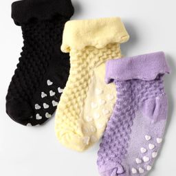 Cute Walk by Babyhug Anti Bacterial Ankle Length Anti Skid Socks With Heart Design Pack of 3 - Yellow Purple & Black-picture-46