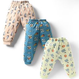 CUCUMBER Cotton Knit Full Length Leggings With Nautical & Sports Theme Print Pack Of 3 - Ivory Blue & Light Green-image-62