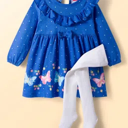 Babyhug Cotton Knit Full Sleeves Frock with Leggings with Butterfly Print Frill Detailing & Bow Applique - Blue-picture-24