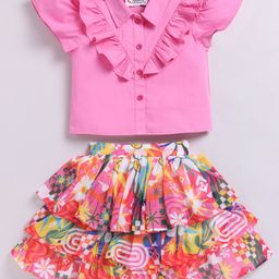 M'andy Cotton Woven Flutter Sleeves Frill Detailed Shirt Style Top & Floral Printed Layered Skirt Set - Multi Colour-image-37