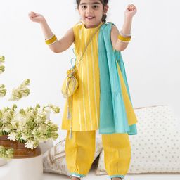 Tiber Taber Cotton Lurex Woven Sleeveless Foil Striped Kurti Pant With Dupatta Set - Yellow-image-92