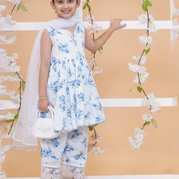 MODISH COUTURE Cotton Woven Sleeveless Floral Printed & Gota Lace Embellished Coordinating Kurti & Palazzo With Dupatta Set - White-picture-26