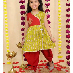 BownBee Pure Cotton Woven Sleeveless Fish Printed Gota Lace Embellished Dhoti Kurti Set - Mustard-picture-20