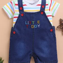 Wonderchild Little Teddy Text Embroidered Dungaree With Half Sleeves Striped Tee Set - White & Denim Blue-picture-19