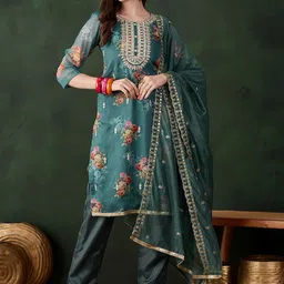 SHADOW & SAINING Floral Embellished Beads and Stones Organza Semi-Stitched Dress Material-image-31