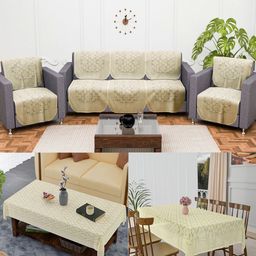 Aura Cream-Coloured 12 Pieces Printed Cotton 5 Seater Sofa Covers & Dining Table Covers-1