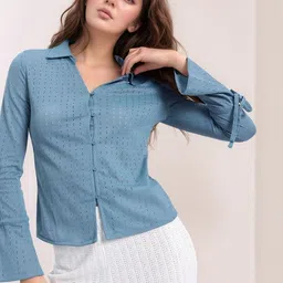 CORSICA Women Blue Semi Sheer Bell Sleeve Shirt Style Top-picture-30