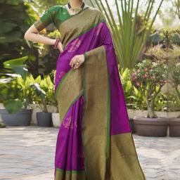 Satrani Purple & Green Woven Saree With Unstitched Blouse-image-83