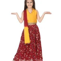 BownBee Kids Maroon & Yellow Printed Lehenga Choli With Dupatta-image-34