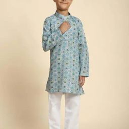 Pro-Ethic Style Developer Boys Blue & Green Cotton Printed Full Sleeves Kurta Sets-64