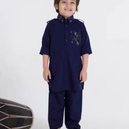 Ministitch Boys Ink Blue Cotton Silk Printed Kurta Set-image-37