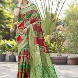 Satrani Red & Green Woven Saree With Unstitched Blouse-image-24
