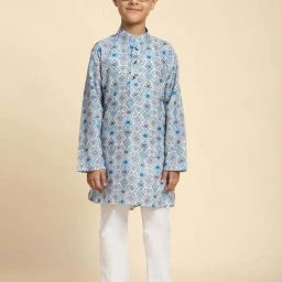 Pro-Ethic Style Developer Boys Blue & Grey Cotton Printed Full Sleeves Kurta Sets-65